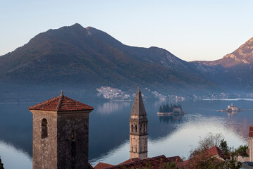 View of kotor bay perast town, beautiful view of islands on sea and church tower