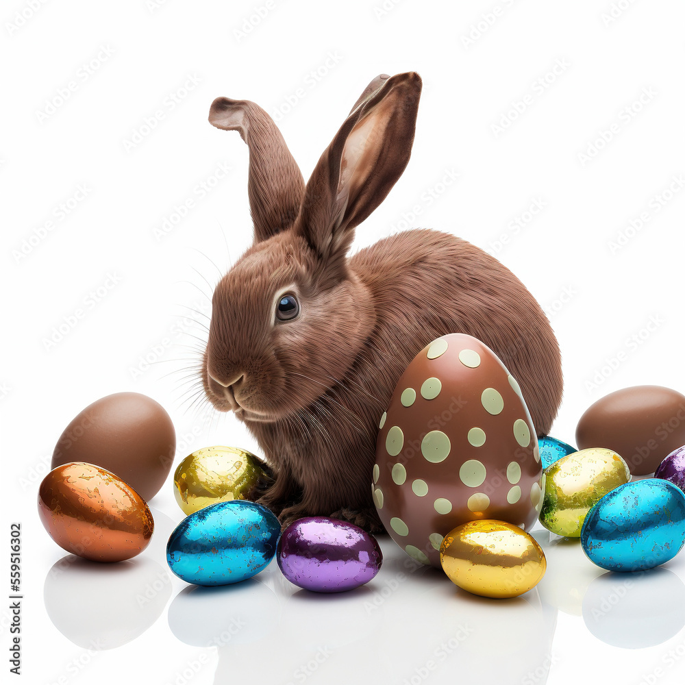 Wall mural Easter chocolate rabbit and chocolate eggs. Generative AI