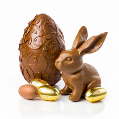 Easter chocolate rabbit and chocolate eggs. Generative AI - obrazy, fototapety, plakaty
