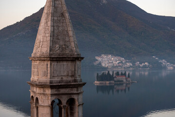 View of kotor bay perast town, beautiful view of islands on sea and church tower
