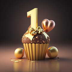 gold birthday cupcake with balloon and number. Generative AI - obrazy, fototapety, plakaty