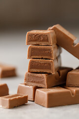 Chocolate bar with filling on brown background. Stack of dark and milk chocolate. Chocolate concept
