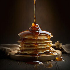 Tasty pancakes topped with maple syrup. Generative AI - obrazy, fototapety, plakaty