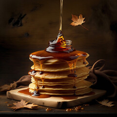 Tasty pancakes topped with maple syrup. Generative AI - obrazy, fototapety, plakaty