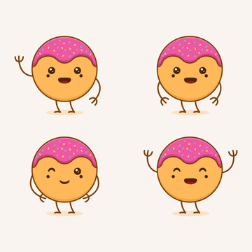 set of cute donut doodle character cartoon mascot vector illustrations, great for food themes, kids, and others