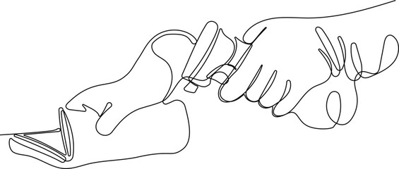 Continuous one line drawing of Hands in rubber glovt. Easy to place your text and brand logo. Vector illustration