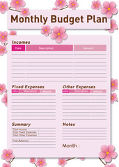 Beautiful budget planner template with blossom flower background 
