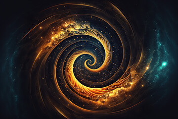 Abstract space background with golden spiral. Astrology and astronomy illustration. Golden ratio. Generative AI