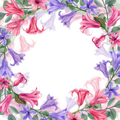 Square floral frame with watercolor hyacinths isolated on white background. For greeting card design, invitation template, for Valentine day, birthday, wedding, mother day cards