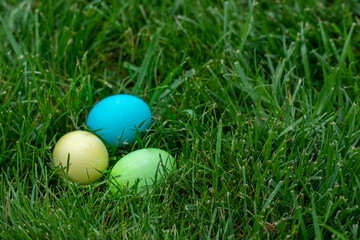 Multiple colorfully dyed Easter eggs in green grass with a shallow depth of field and copy space