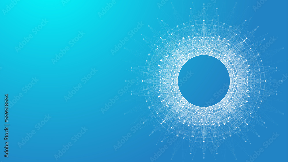 Aufkleber Blockchain transfer satellite future communications illustration. Abstract technology cloud world. Global network fintech background. Digital blockchain communications