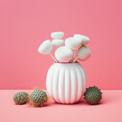  Vase with dry lagurus, bunny tail grass in ceramic vase. Old wooden bench. Blank horizontal white Pattern with ripe watermelon on pink background