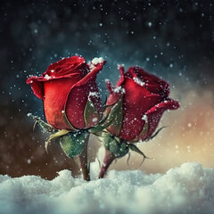 red rose in the snow. Generative AI - obrazy, fototapety, plakaty