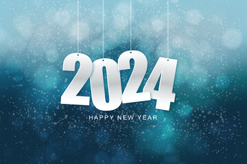 Happy new year 2024. Hanging white paper number with confetti on a colorful blurry background. Illustration for the festive New Year 2024