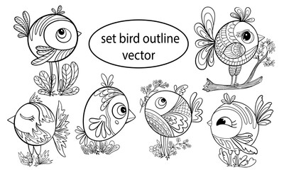 set of birds outline vector isolated on white background coloring page with patterns print for children and adults illustration hand drawn doodle sketch