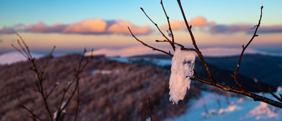 panorama of snow-capped mountains at sunset during a cold winter  mighty mountain peaks in the Polish Bieszczady mountains  mountain vegetation covered with snow © Lens Down Under