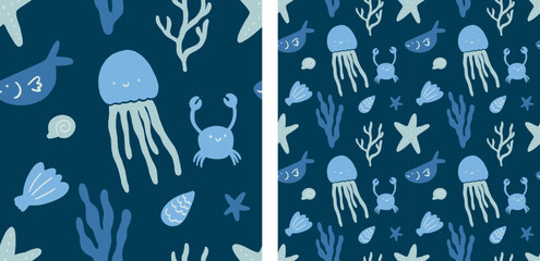 Navy Blue Marine Life Cute Animals Nursery Seamless Pattern Hand-Drawn Vector Illustration - 559519322