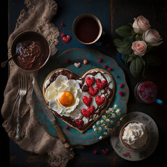 valentine's day breakfast for lovers. Generative AI - obrazy, fototapety, plakaty