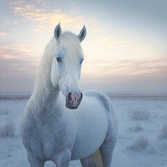 white horse in a snowy desert. Generative AI - obrazy, fototapety, plakaty