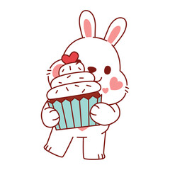 Cute Rabbit Character Hold Cupcake, Illustration, Transparent