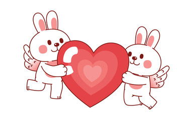 Cute Couple Rabbit Cupid Character With Heart, Illustration, Transparent