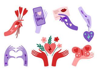 Obraz na płótnie Canvas Valentine's day hands vector illustration set. Valentine cute modern clipart