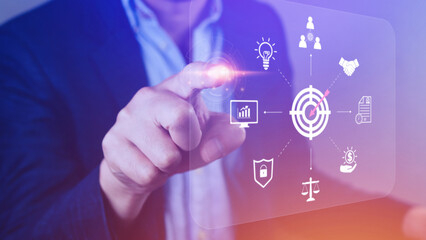 Hand pointing the icon virtual screen of Digital target marketing advertising and sales increase business technology concept, online marketing, E-business, Ecommerce, Business online.