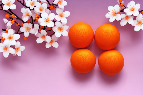  Happy Chinese New Year flat lay photo. Two mandarins and cherry blossom branch on a red background Generative AI