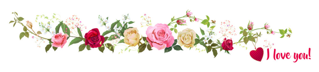 Panoramic view with roses, lilies, jasmine, red heart, 