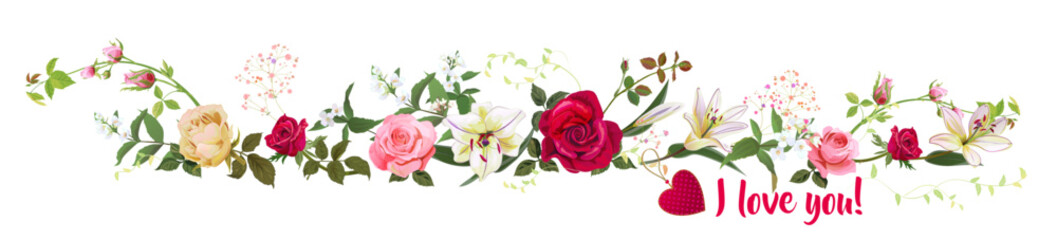 Panoramic view with roses, lilies, jasmine, red heart, 