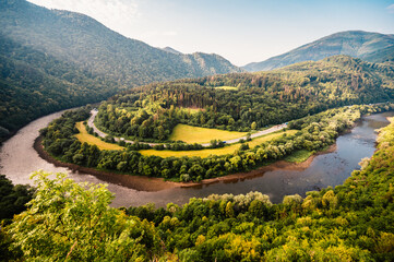 Slovakia mountains mala fatra. Hiking in Slovakia mountains landscape. Mala Fatra national park. Domasinsky meander of Vah river,
