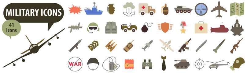 Set of colored flat colorful military and military icons. Army infographic design elements. Illustration in a flat style.