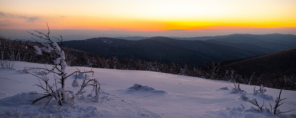 panorama of snow-capped mountains bieszczady at sunset, colorful winter sunset seen from the top of the mountain wielki rawka © Lens Down Under
