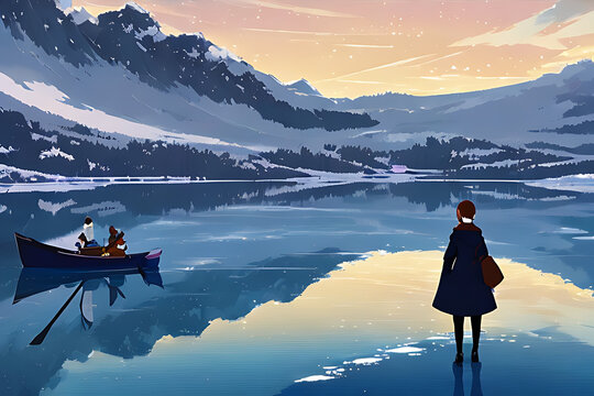 Viaje en barca en paisaje nevado de anime, bella estampa invernal al atardecer - AI Generated Art 