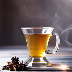glass cup of tea in a winter cozy setting