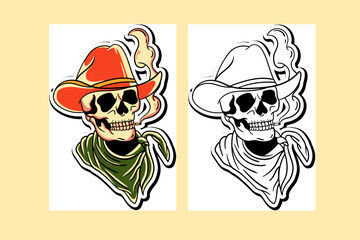 Sticker illustration of a cowboy skull with a lit cigarette