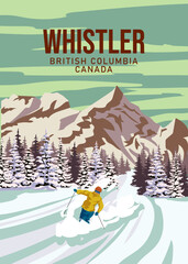 Whistler Travel Ski resort poster vintage. Canada, British Columbia winter landscape travel card