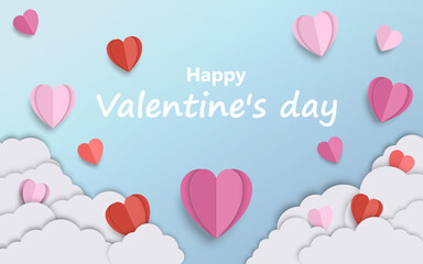 Valentine's day concept background. 3d red and pink paper cut hearts with white clouds. Vector illustration.