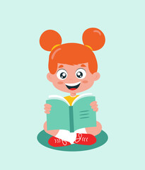 A child with a book in his hands. Happy smiling girl reading a book. The child sits with a book in his hands. Isolated on white background.