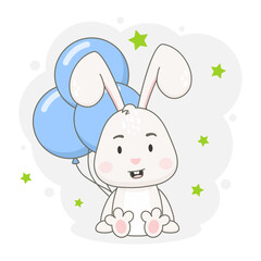 Fototapeta premium Cute rabbit character with blue balloons and green stars isolated on white background