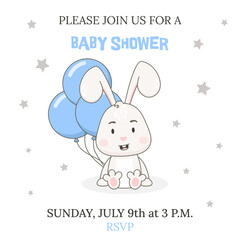 Baby shower party invitation template. Cute rabbit character with blue balloons isolated on white background. Bunny vector illustration.