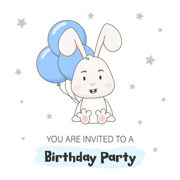 Baby birthday party invitation template. Cute rabbit character with blue balloons isolated on white background. Bunny vector illustration.