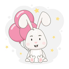 Cute rabbit character with pink balloons and yellow stars