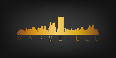 Marseille, France Gold Skyline City Silhouette Vector. Golden Design Luxury Style Icon Symbols. Travel and Tourism Famous Buildings.