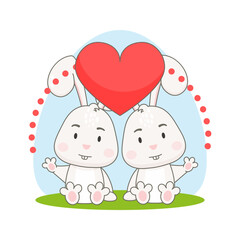 Cute bunnies with red heart isolated on white background.