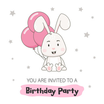 Baby birthday party invitation template. Cute rabbit character with pink balloons isolated on white background. Bunny vector illustration.