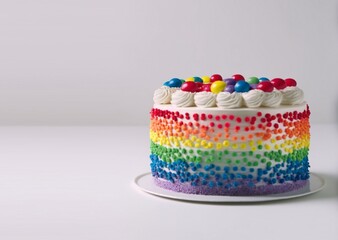 A rainbow layered cake with creamy frosting and colorful candies, symbol of  tolerance equality for the LGBTQ+ community. Celebration of same-sex marriage, freedom to marry, birthday, generative ai