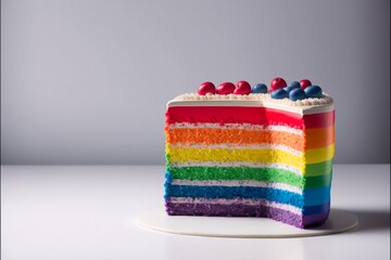 A rainbow layered cake with creamy frosting and fruits, symbol of  tolerance and equality for the LGBTQ+ community. Celebration of St. Valentines, freedom to marry, birthday, pride, generative ai
