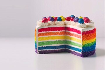 A rainbow layered cake with creamy frosting and candies, symbol of  tolerance and equality for the LGBTQ+ community. Celebration of same-sex marriage, freedom to marry, birthday, pride, generative ai