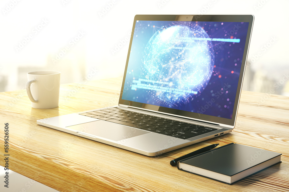 Poster abstract creative coding concept with world map on modern laptop screen. 3d rendering